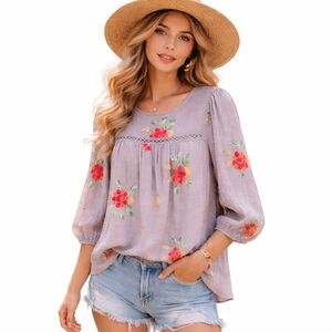 Fig & Flower Boho Floral Top Small Cottagecore Boutique flowy Blouse